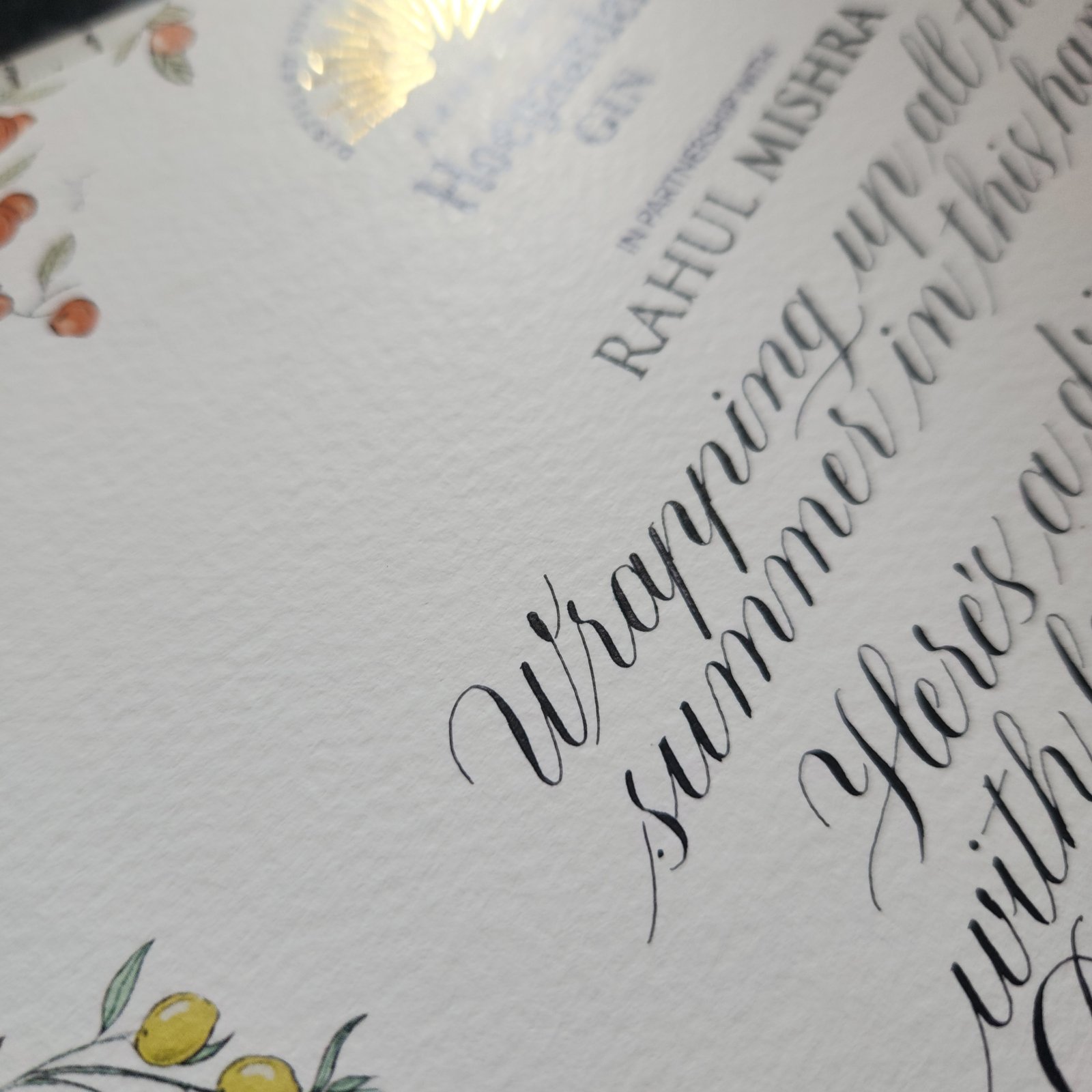 Commissioned Copperplate lettering on a printed card with watercolour botanicals