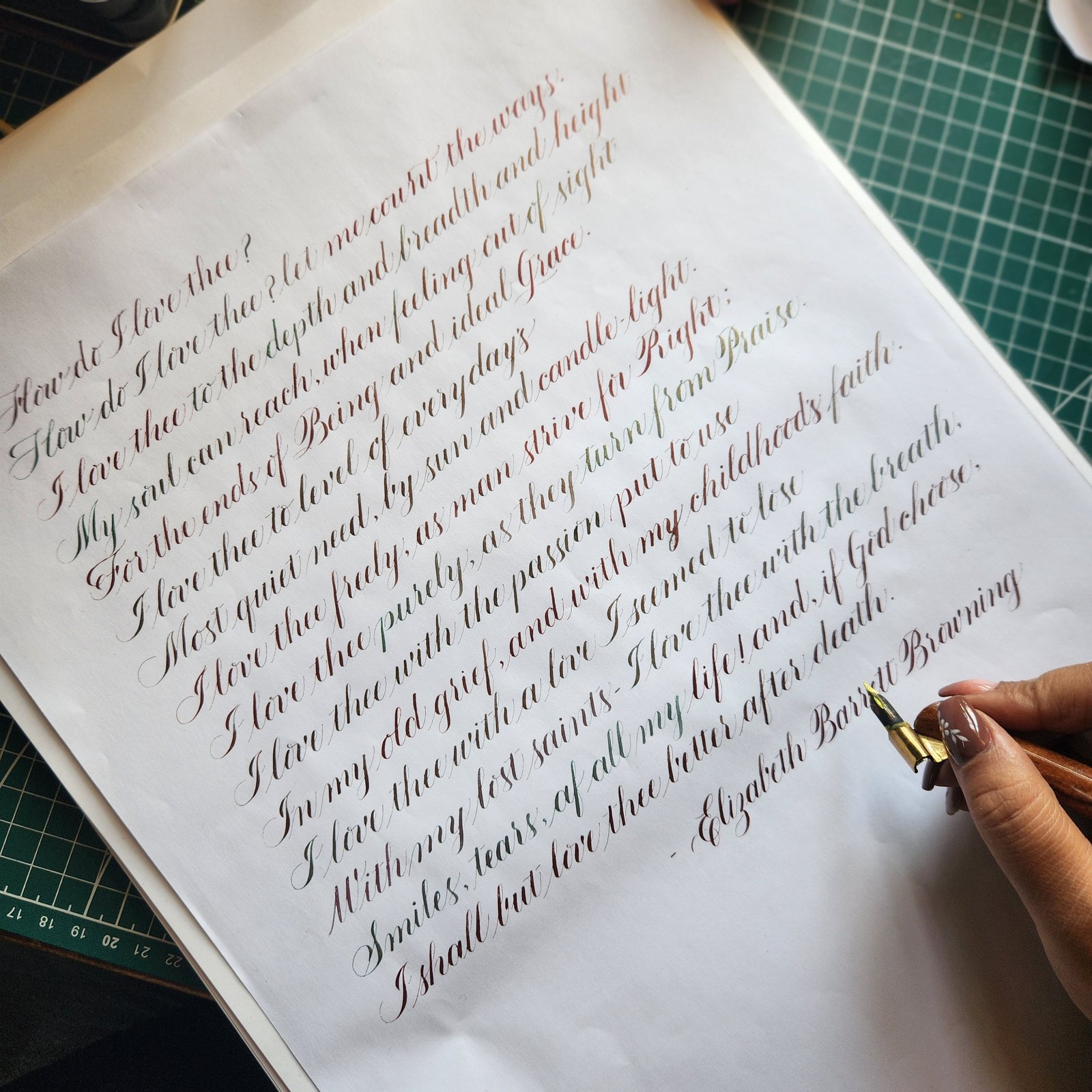 How Do I Love Thee by Elizabeth Barrett Browning, written in full in Copperplate with shaded coloured ink