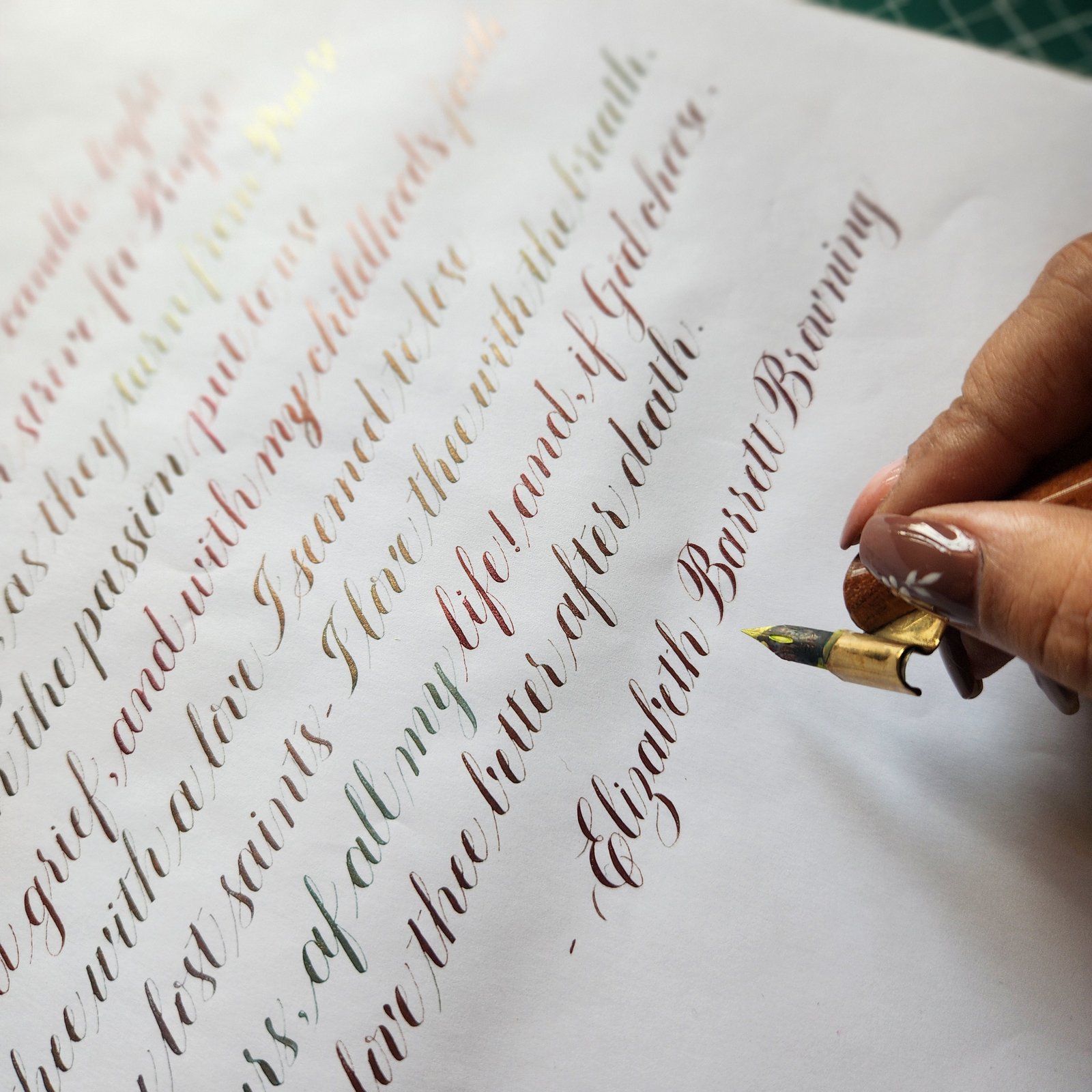 Close view of Copperplate being written with an oblique holder and pointed nib
