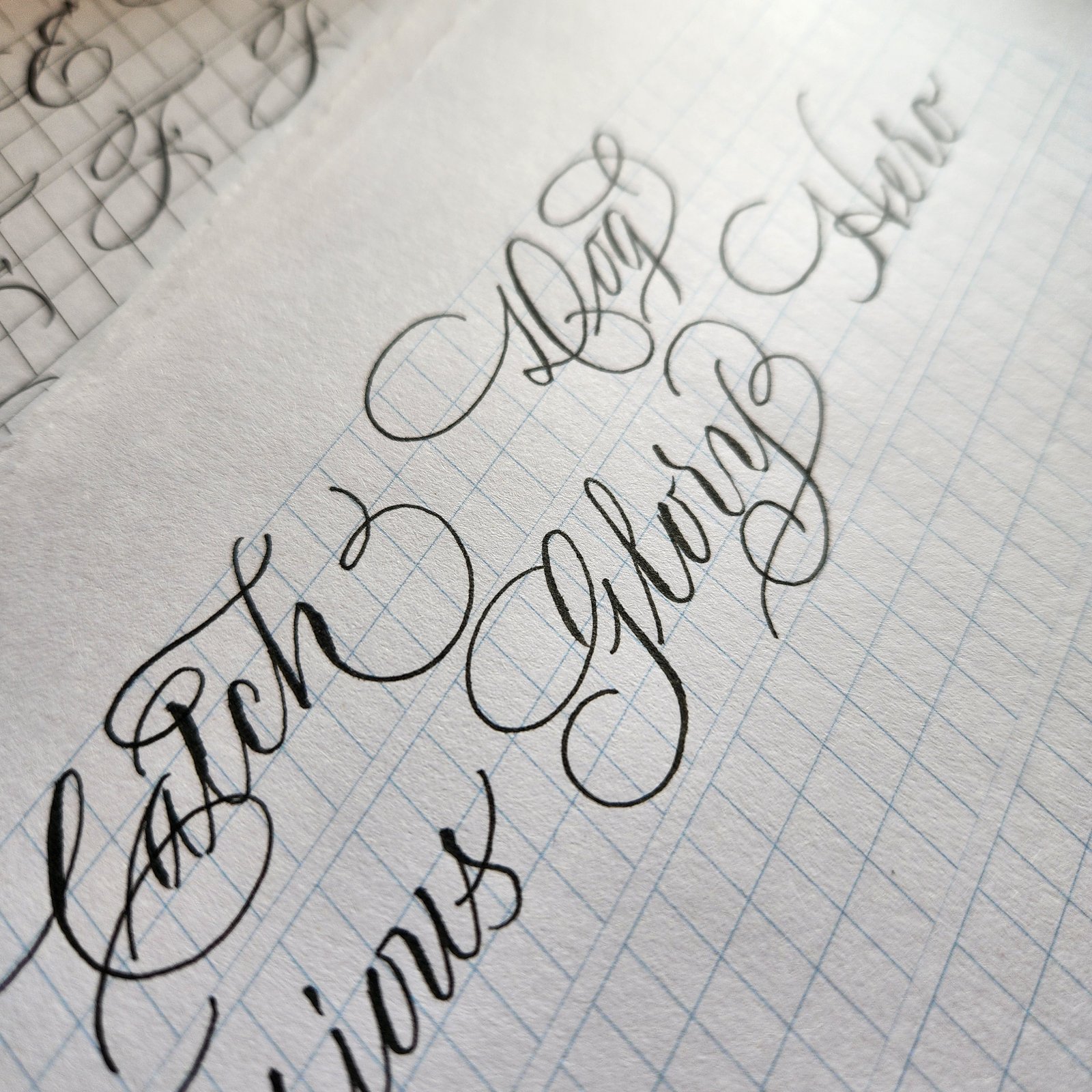 The words Catch Glory written with large ornamental flourishes on grid paper